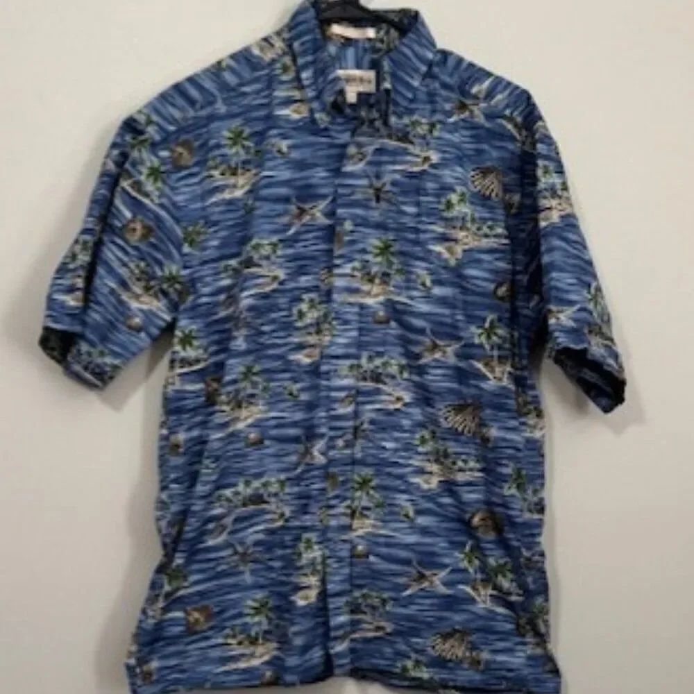 USED Men's Campia Short Sleeve Button Down Shirt Color Green and Blue Size Med